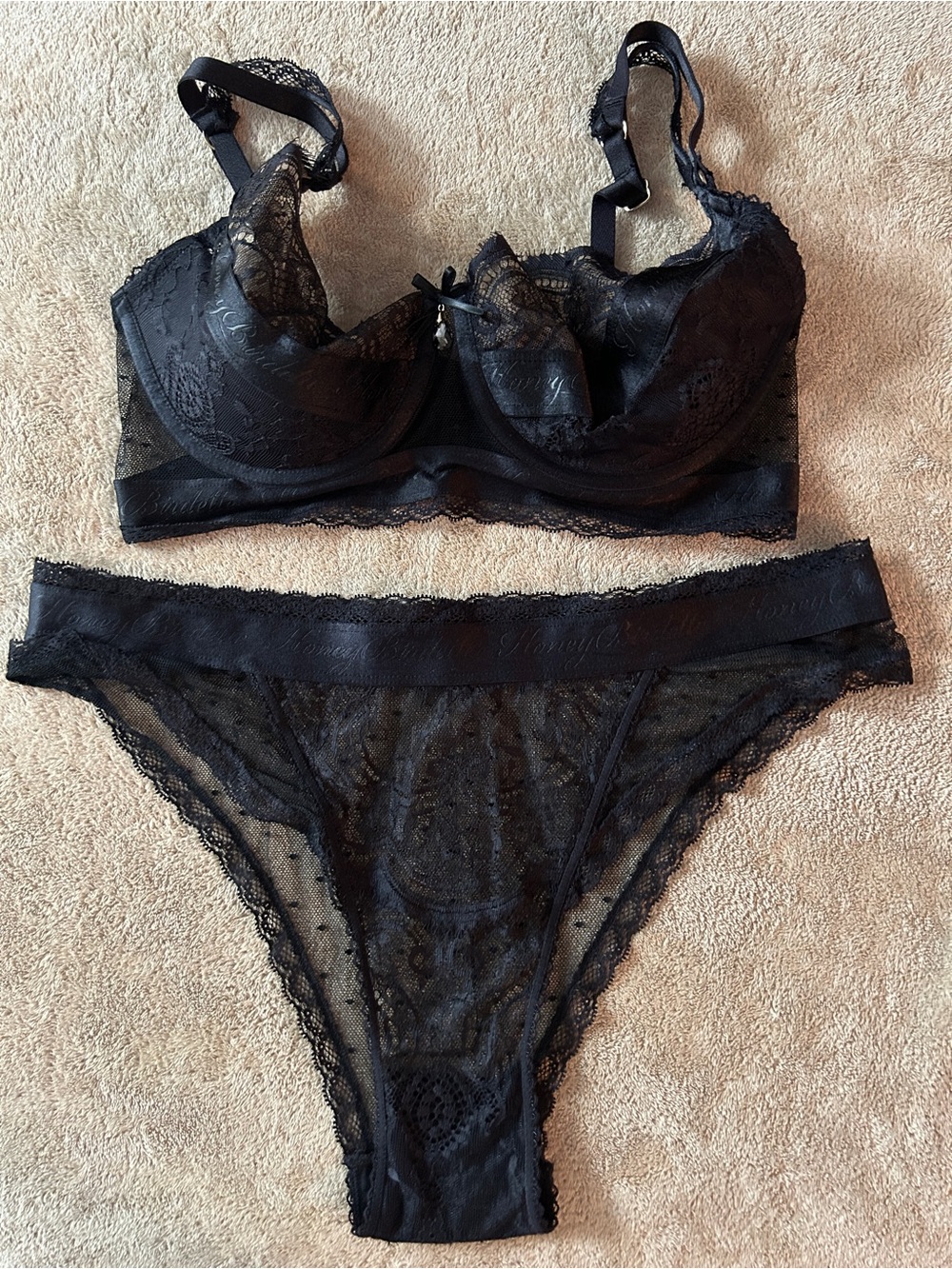 Honey Birdette Sofia Black Lace Underwire PaddedBra & Lace Bikini Set
